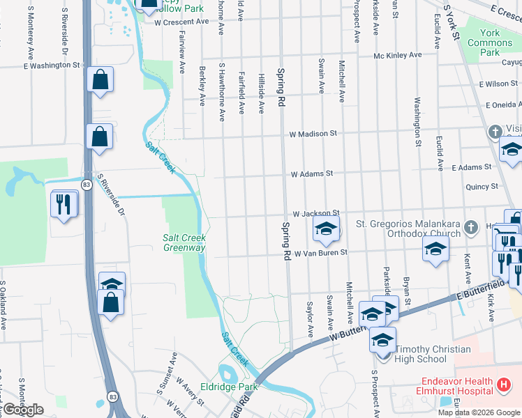 map of restaurants, bars, coffee shops, grocery stores, and more near 874 Hillside Avenue in Elmhurst