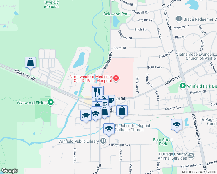 map of restaurants, bars, coffee shops, grocery stores, and more near 25 Winfield Road in Winfield