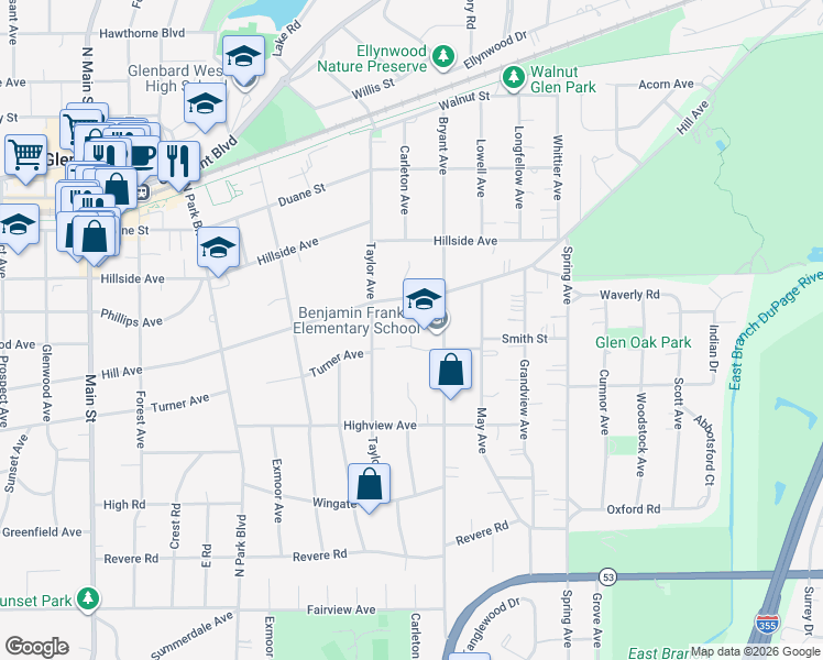 map of restaurants, bars, coffee shops, grocery stores, and more near 350 Bryant Avenue in Glen Ellyn