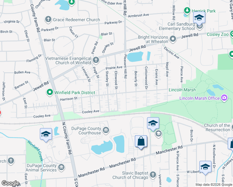 map of restaurants, bars, coffee shops, grocery stores, and more near Elmwood Street in DuPage County