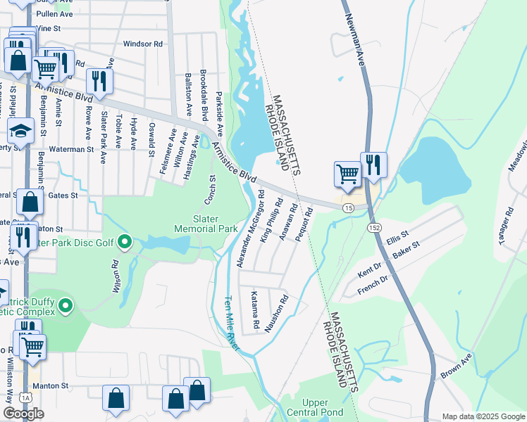 map of restaurants, bars, coffee shops, grocery stores, and more near 30 Alexander McGregor Rd in Pawtucket
