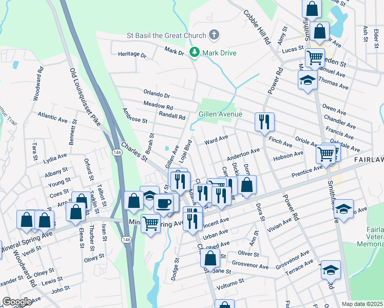 map of restaurants, bars, coffee shops, grocery stores, and more near 89 Cleveland Street in North Providence