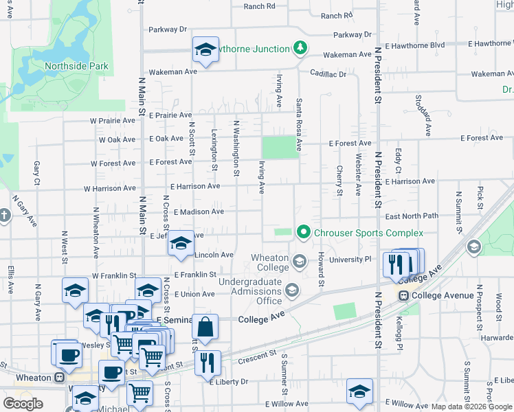 map of restaurants, bars, coffee shops, grocery stores, and more near 429 East Madison Avenue in Wheaton
