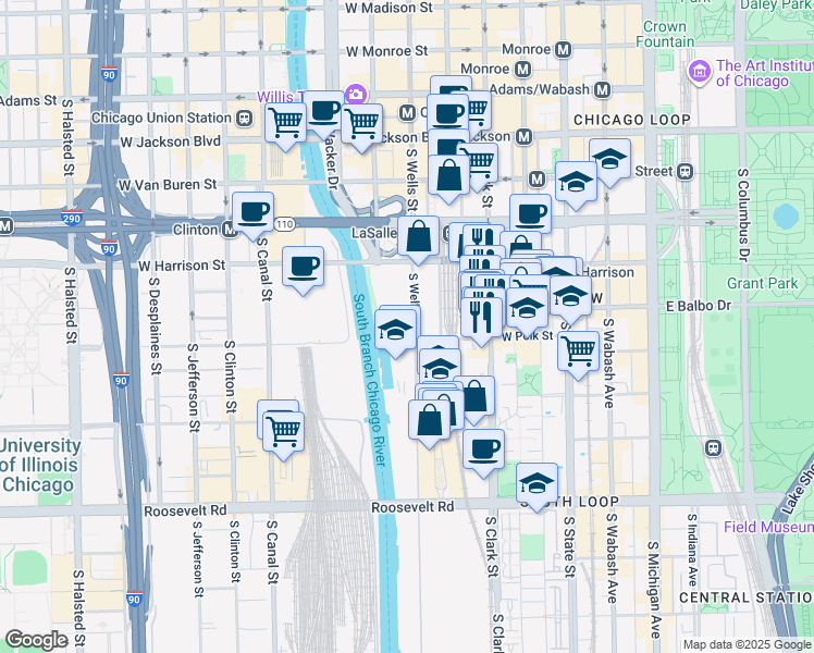 map of restaurants, bars, coffee shops, grocery stores, and more near 720 South Wells Street in Chicago