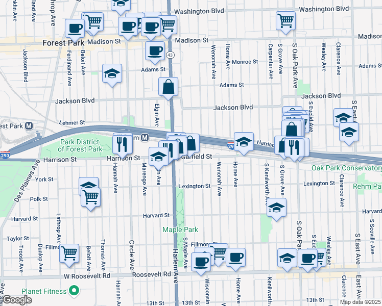 map of restaurants, bars, coffee shops, grocery stores, and more near 1116 Garfield Street in Oak Park