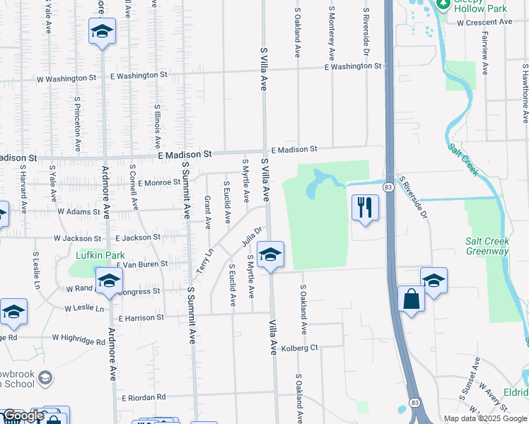 map of restaurants, bars, coffee shops, grocery stores, and more near 305 Terry Lane in Villa Park