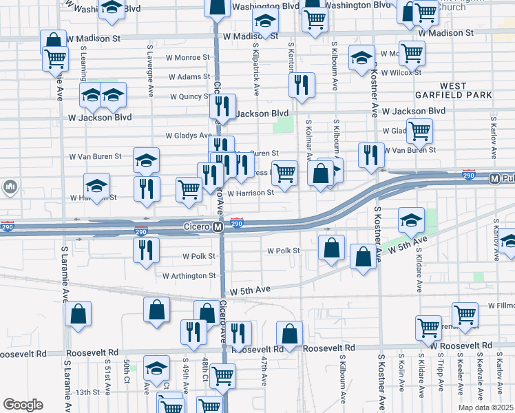 map of restaurants, bars, coffee shops, grocery stores, and more near 616 South Kilpatrick Avenue in Chicago