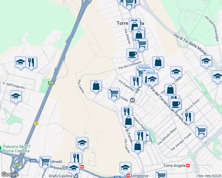 map of restaurants, bars, coffee shops, grocery stores, and more near 12-34 Via Tersicore in Rome
