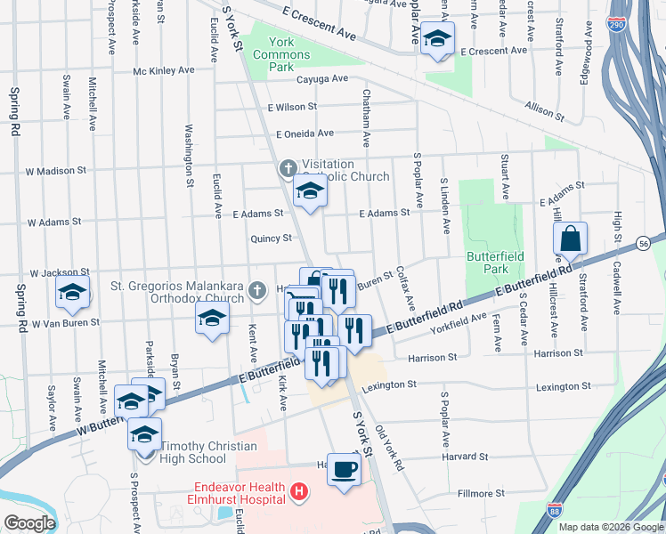 map of restaurants, bars, coffee shops, grocery stores, and more near 872 Cambridge Avenue in Elmhurst