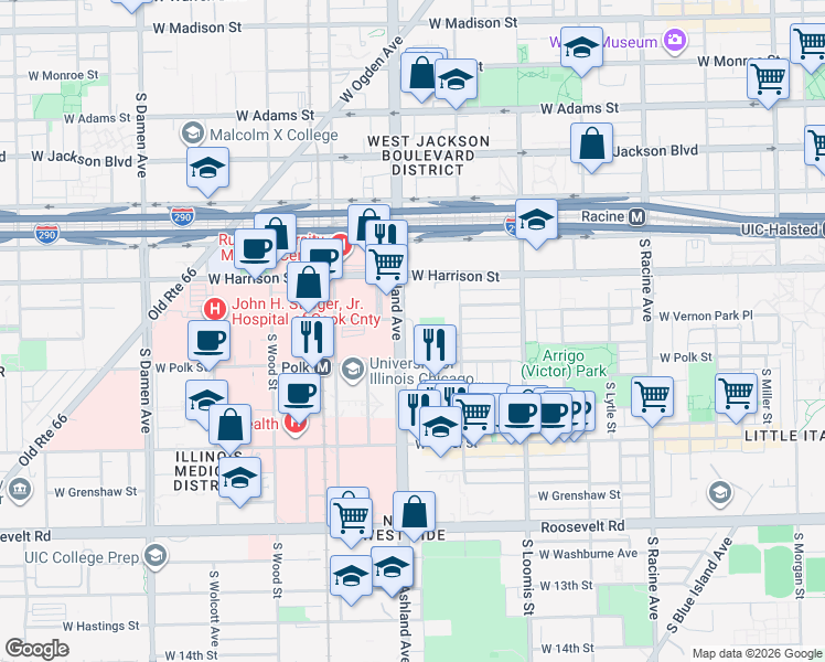 map of restaurants, bars, coffee shops, grocery stores, and more near 727 South Ashland Avenue in Chicago