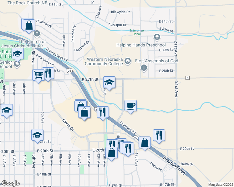 map of restaurants, bars, coffee shops, grocery stores, and more near 2620 College Park in Scottsbluff