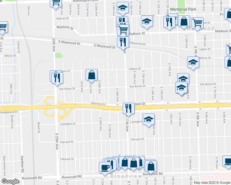 map of restaurants, bars, coffee shops, grocery stores, and more near 1612 South 18th Avenue in Maywood