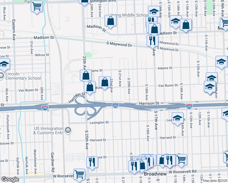 map of restaurants, bars, coffee shops, grocery stores, and more near 1111 22nd Avenue in Bellwood