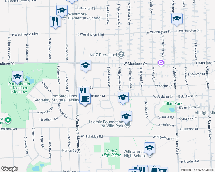 map of restaurants, bars, coffee shops, grocery stores, and more near 1148 Adams Street in Lombard