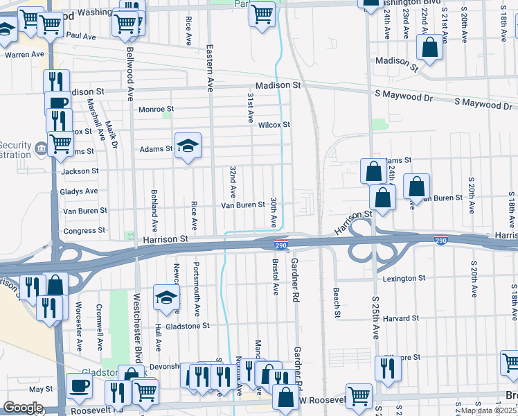 map of restaurants, bars, coffee shops, grocery stores, and more near 1101 31st Avenue in Bellwood