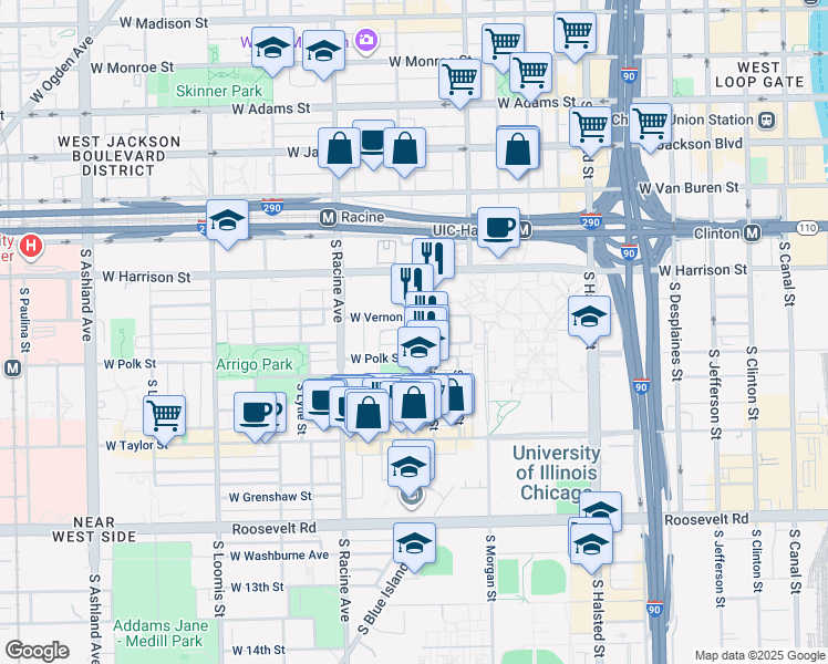 map of restaurants, bars, coffee shops, grocery stores, and more near 713 South Aberdeen Street in Chicago