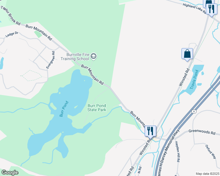 map of restaurants, bars, coffee shops, grocery stores, and more near 385 Burr Mountain Road in Torrington