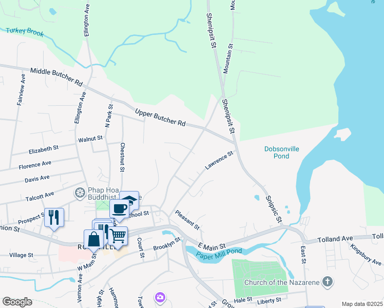 map of restaurants, bars, coffee shops, grocery stores, and more near 50 Mountain Street in Vernon