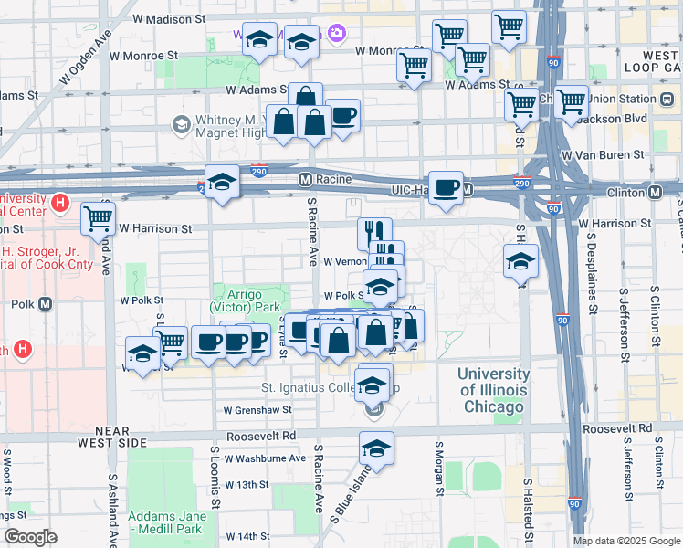 map of restaurants, bars, coffee shops, grocery stores, and more near 712 South May Street in Chicago