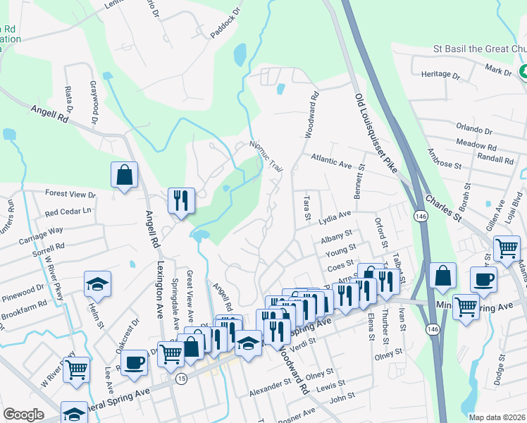 map of restaurants, bars, coffee shops, grocery stores, and more near 62D Nipmuc Trail in North Providence