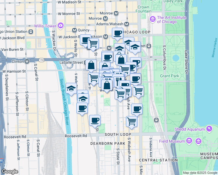 map of restaurants, bars, coffee shops, grocery stores, and more near 647 South Dearborn Street in Chicago