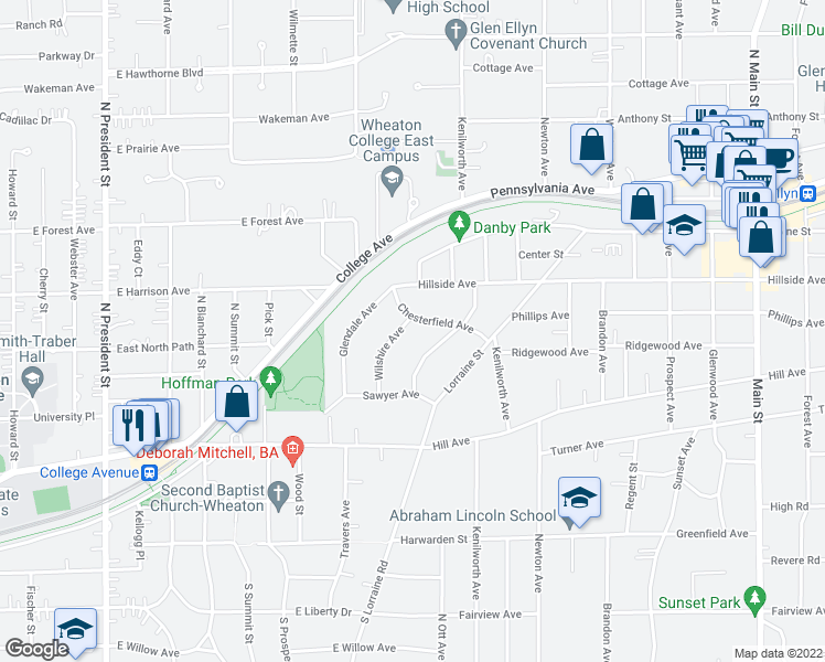 map of restaurants, bars, coffee shops, grocery stores, and more near 587 Wilshire Avenue in Glen Ellyn