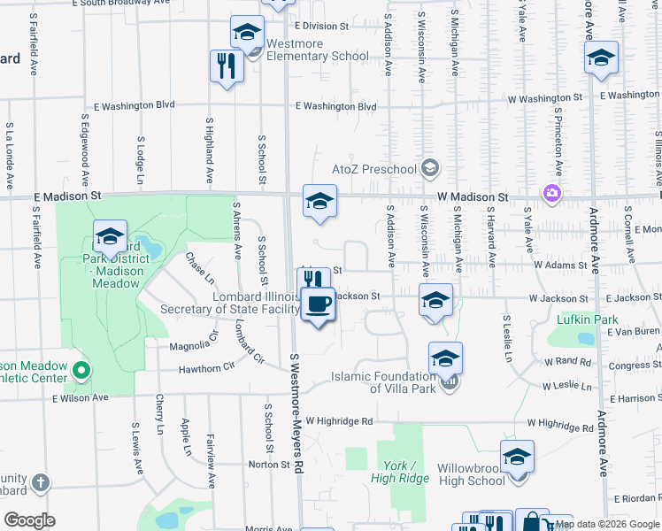 map of restaurants, bars, coffee shops, grocery stores, and more near 1038 Adams Street in Lombard