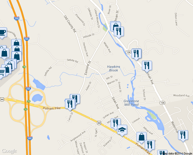 map of restaurants, bars, coffee shops, grocery stores, and more near 2 Fatima Drive in Smithfield