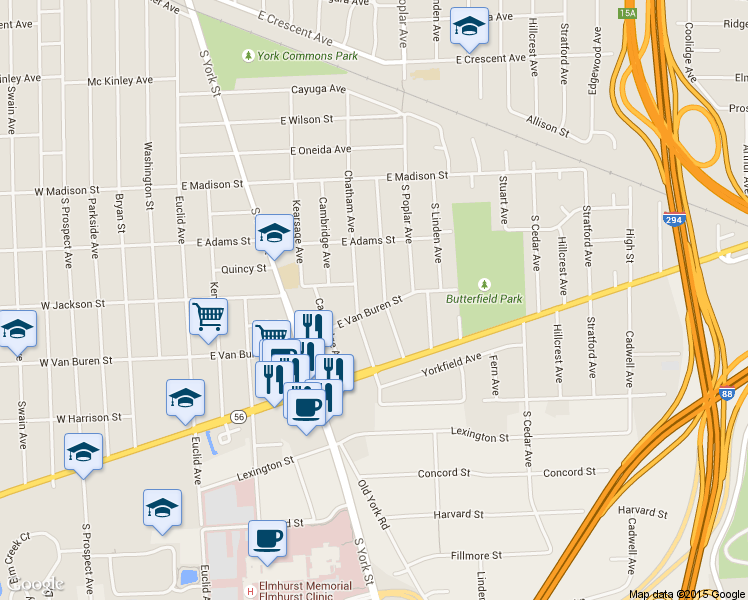map of restaurants, bars, coffee shops, grocery stores, and more near 277 East Van Buren Street in Elmhurst