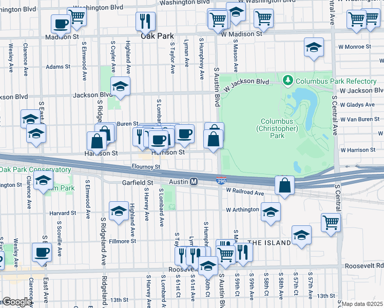 map of restaurants, bars, coffee shops, grocery stores, and more near 47 Harrison Street in Oak Park