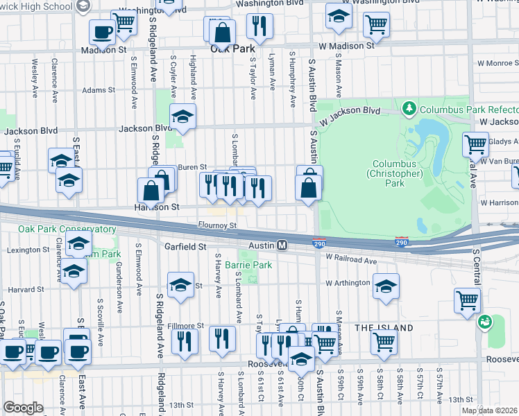 map of restaurants, bars, coffee shops, grocery stores, and more near 139 Harrison Street in Oak Park