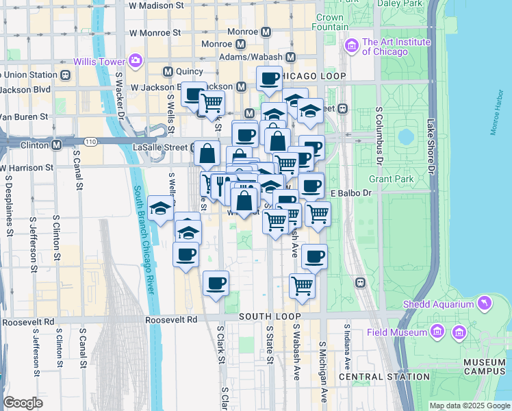map of restaurants, bars, coffee shops, grocery stores, and more near 731 South Plymouth Court in Chicago