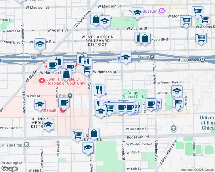 map of restaurants, bars, coffee shops, grocery stores, and more near 1456 West Lexington Street in Chicago