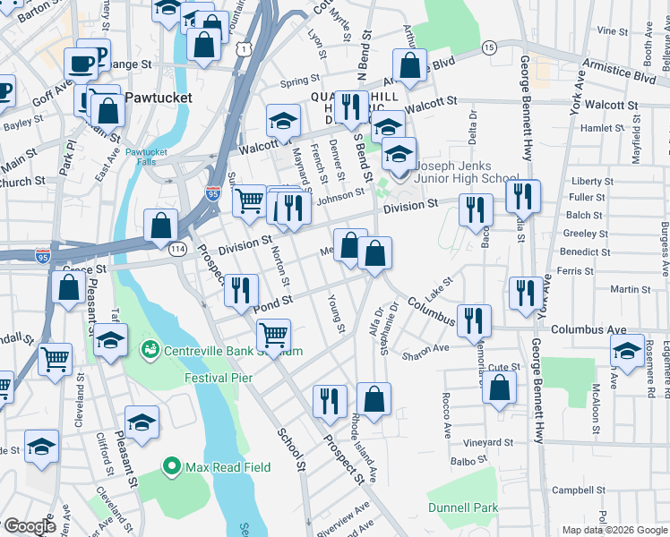 map of restaurants, bars, coffee shops, grocery stores, and more near 26 Young Street in Pawtucket