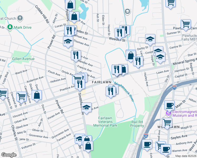map of restaurants, bars, coffee shops, grocery stores, and more near 14 Fairview Avenue in Pawtucket