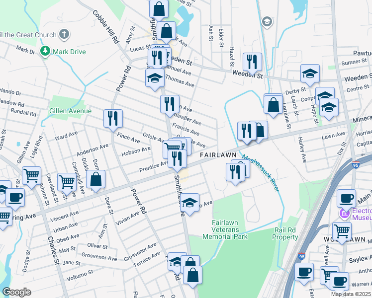 map of restaurants, bars, coffee shops, grocery stores, and more near 30 Columbia Avenue in Pawtucket