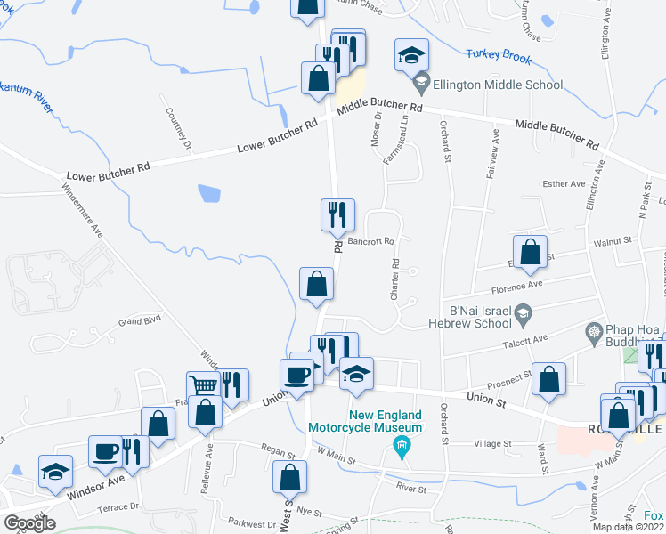 map of restaurants, bars, coffee shops, grocery stores, and more near 27 West Road in Ellington