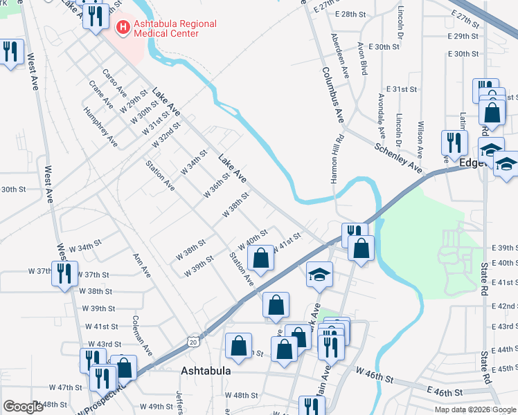 map of restaurants, bars, coffee shops, grocery stores, and more near 3824 Spencer Avenue in Ashtabula