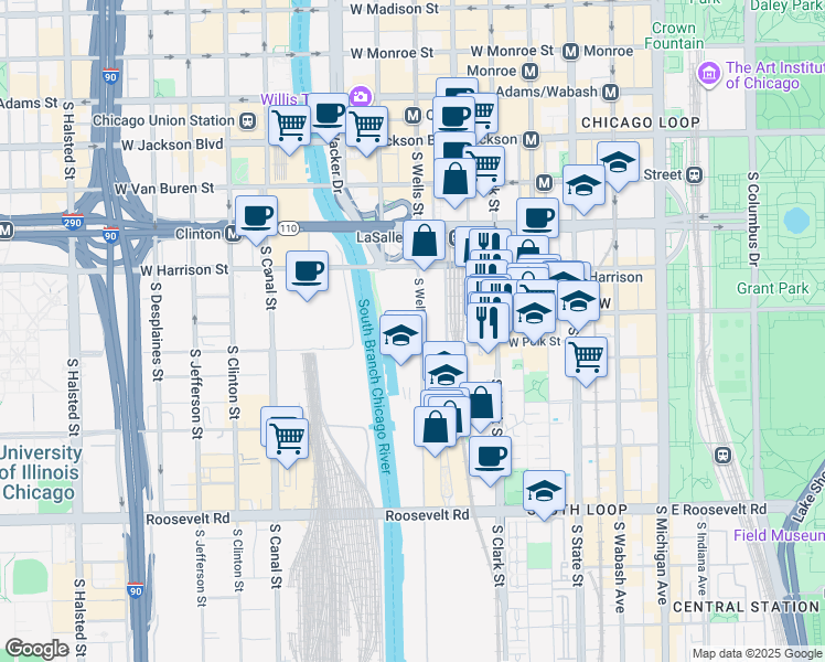 map of restaurants, bars, coffee shops, grocery stores, and more near 704 South Wells Street in Chicago