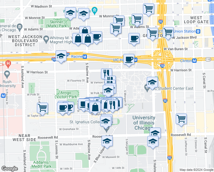 map of restaurants, bars, coffee shops, grocery stores, and more near 717 South Aberdeen Street in Chicago