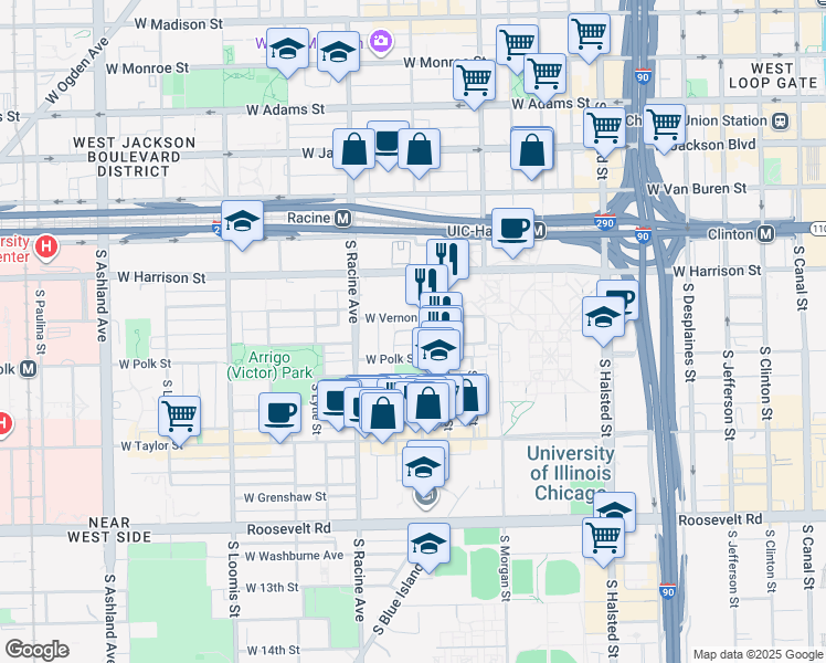 map of restaurants, bars, coffee shops, grocery stores, and more near 717 South Aberdeen Street in Chicago