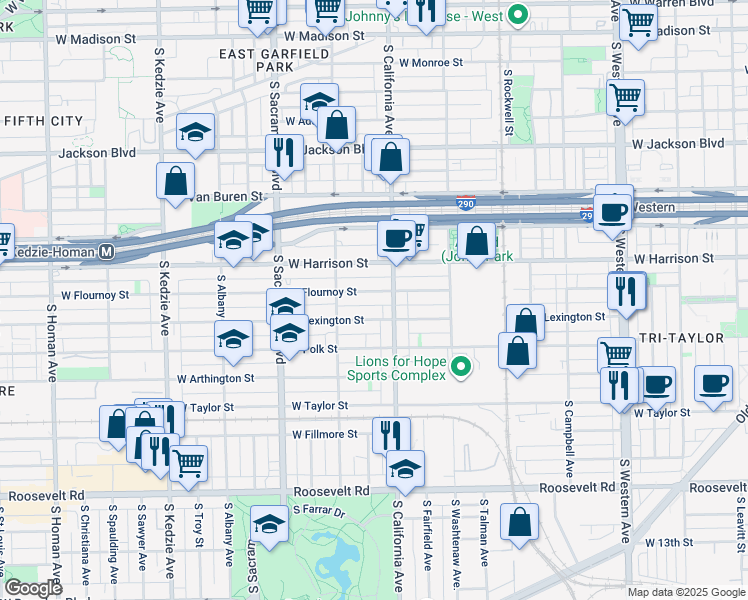 map of restaurants, bars, coffee shops, grocery stores, and more near 2835 West Flournoy Street in Chicago