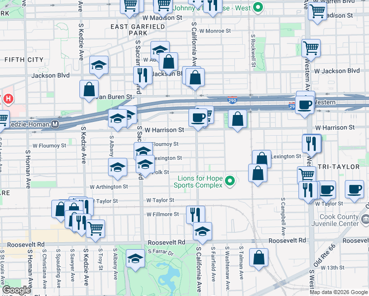 map of restaurants, bars, coffee shops, grocery stores, and more near 2835 West Flournoy Street in Chicago