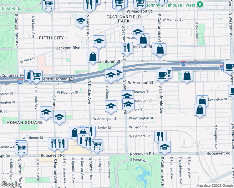 map of restaurants, bars, coffee shops, grocery stores, and more near 3027 West Flournoy Street in Chicago