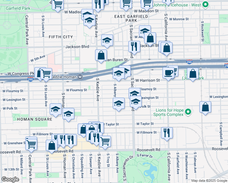 map of restaurants, bars, coffee shops, grocery stores, and more near 3101 West Flournoy Street in Chicago