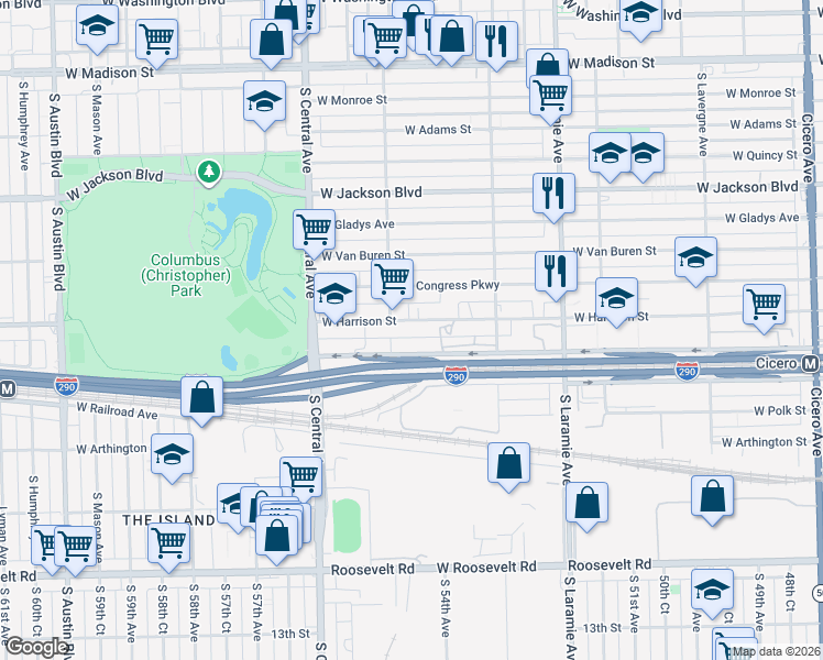map of restaurants, bars, coffee shops, grocery stores, and more near 5429 West Harrison Street in Chicago