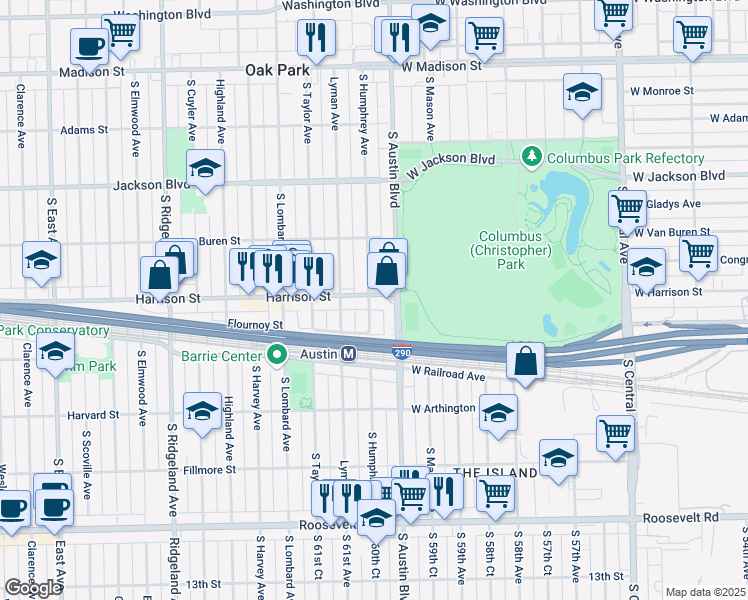 map of restaurants, bars, coffee shops, grocery stores, and more near 908 South Humphrey Avenue in Oak Park