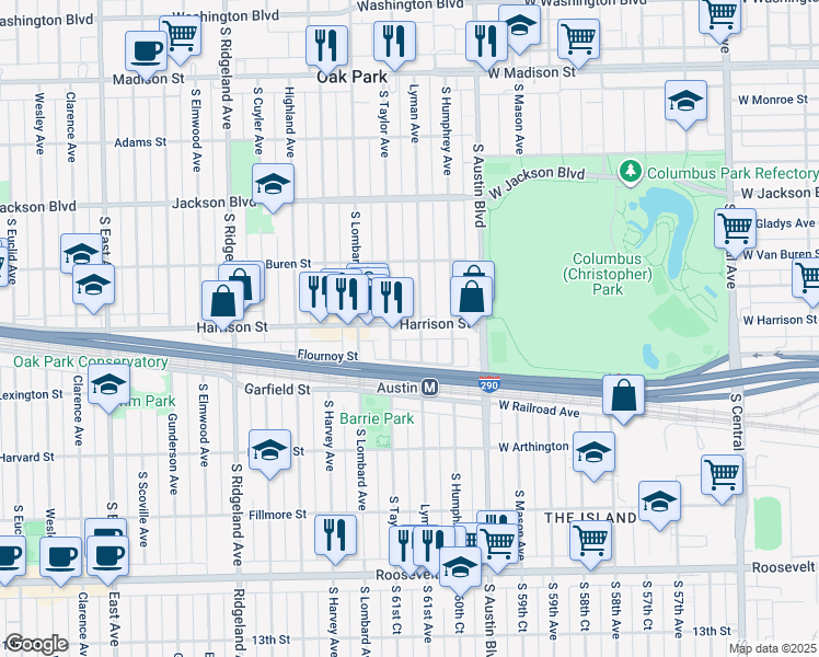map of restaurants, bars, coffee shops, grocery stores, and more near 905 Lyman Avenue in Oak Park