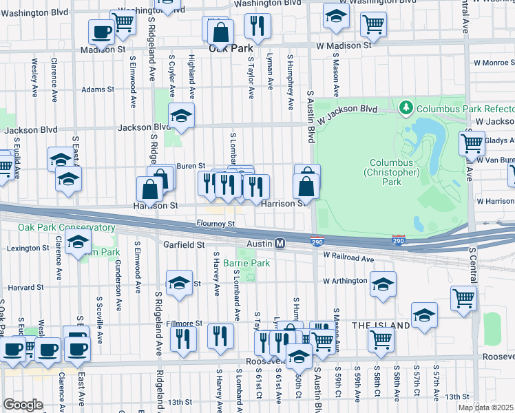 map of restaurants, bars, coffee shops, grocery stores, and more near 139 Harrison Street in Oak Park