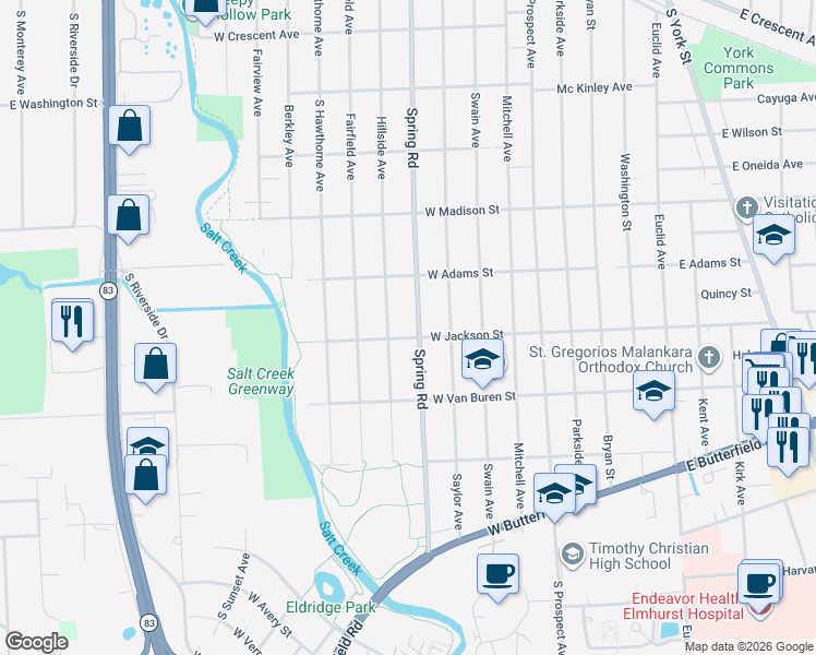 map of restaurants, bars, coffee shops, grocery stores, and more near 872 Spring Road in Elmhurst